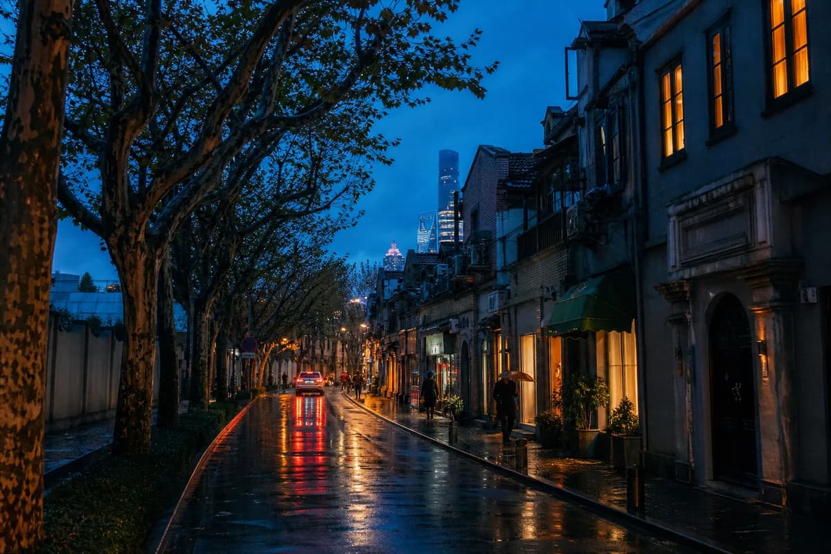 A Shanghai neighbourhood street at blue hour