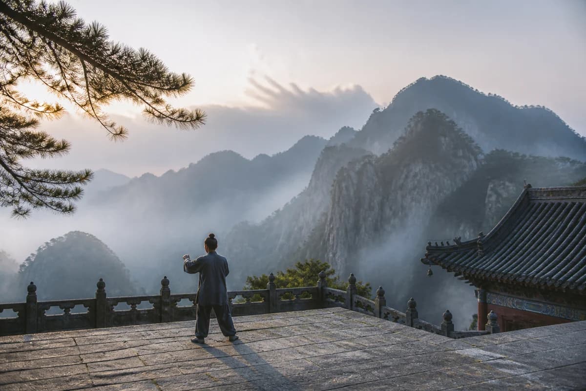 An anonymous practitioner moving at dawn in the Wudang Mountains