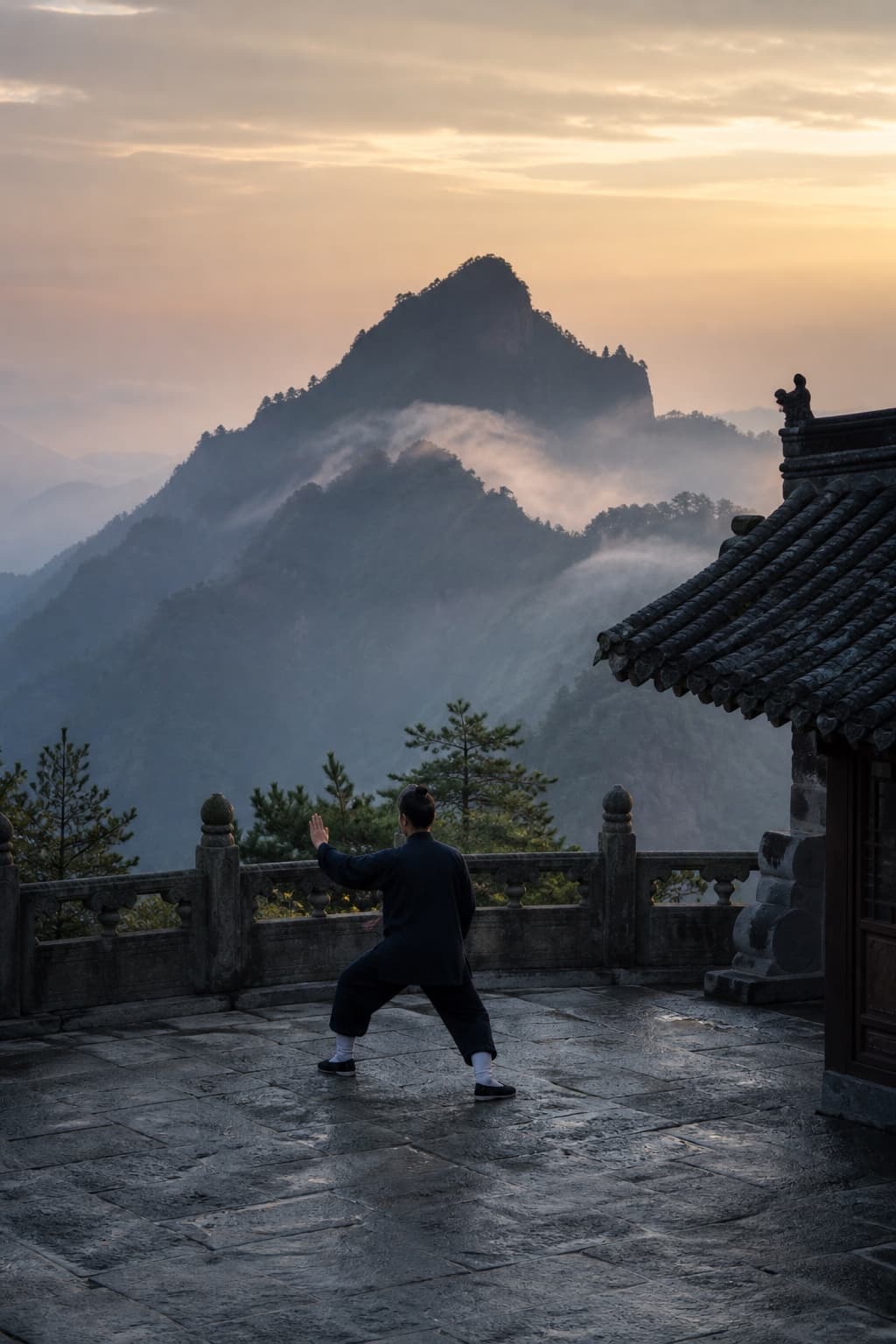 A quiet movement practice in the Wudang Mountains at dawn