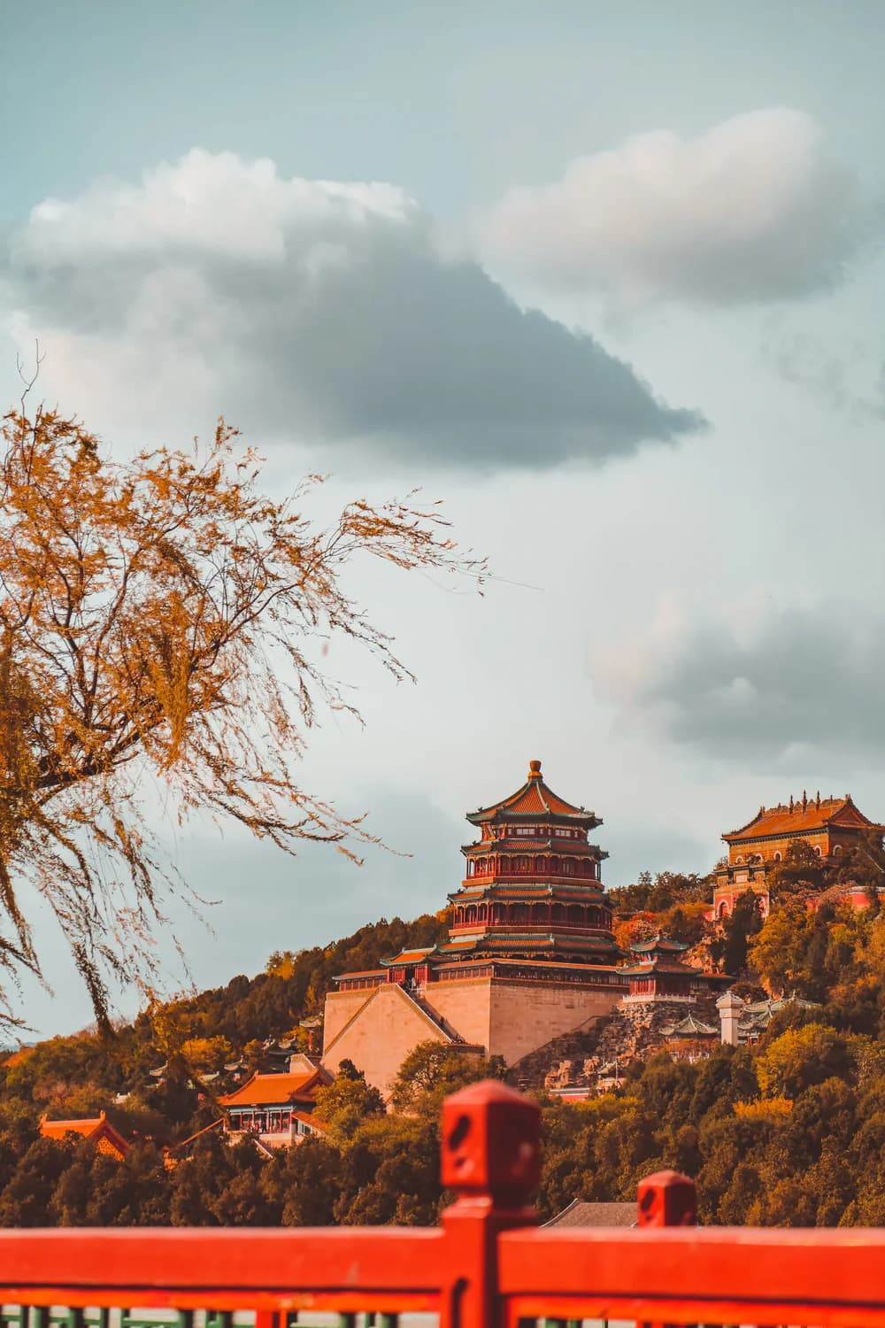 Historic Beijing roofs and red walls beneath a dramatic sky