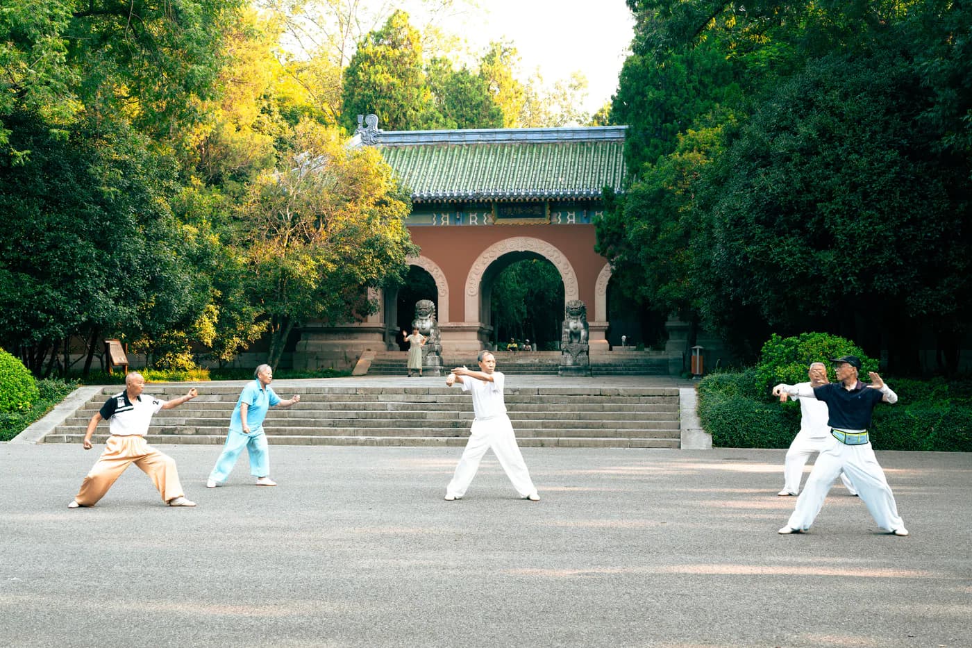 People practising tai chi together in a tree-lined Wudang courtyard